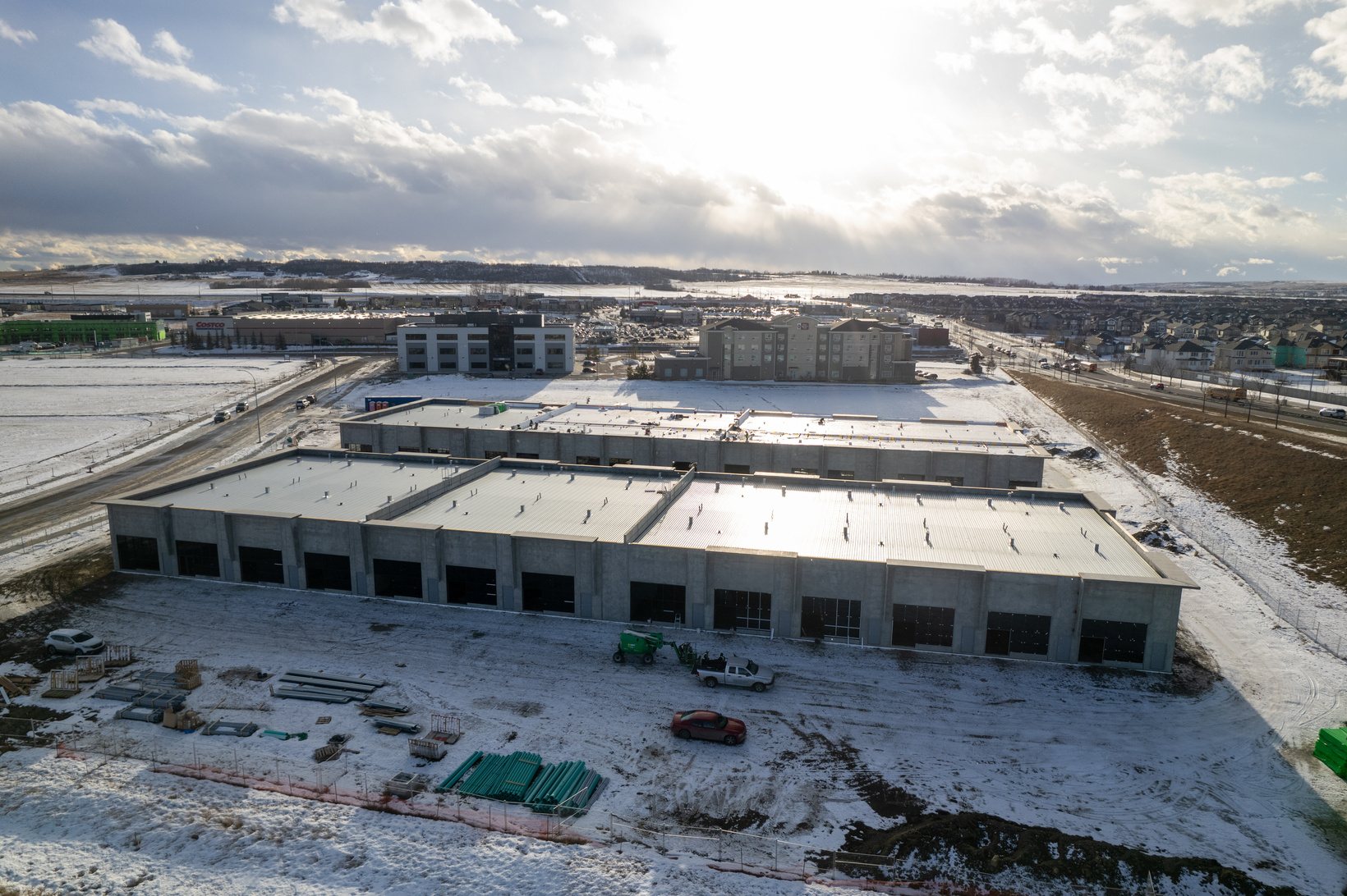 Precast concrete bays of the Foundry under construction, photographed from above in February 2025
